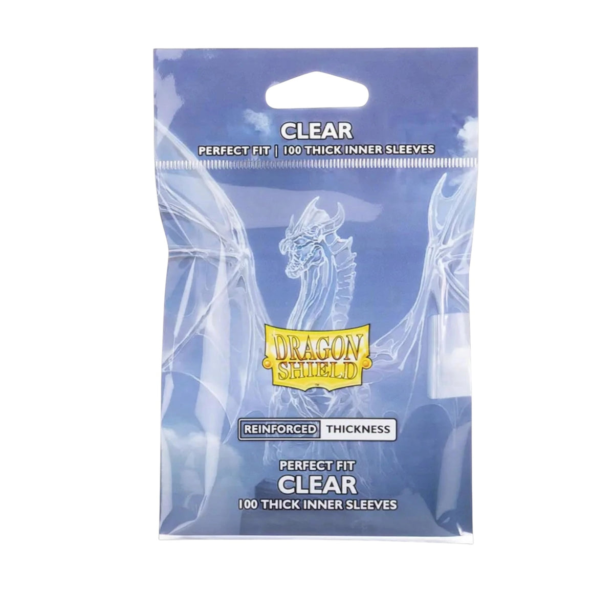 Dragon Shield Clear 100 Thick Inner Sleeves in a blue hanging retail pouch with dragon artwork and a yellow Dragon Shield logo.